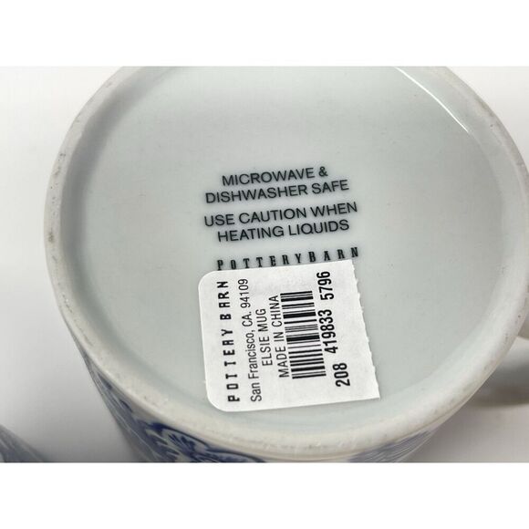 Pottery Barn Elsie Mugs Coffee Cup Blue White Bird Discontinued Rare Set Of 2 - Picture 8 of 8